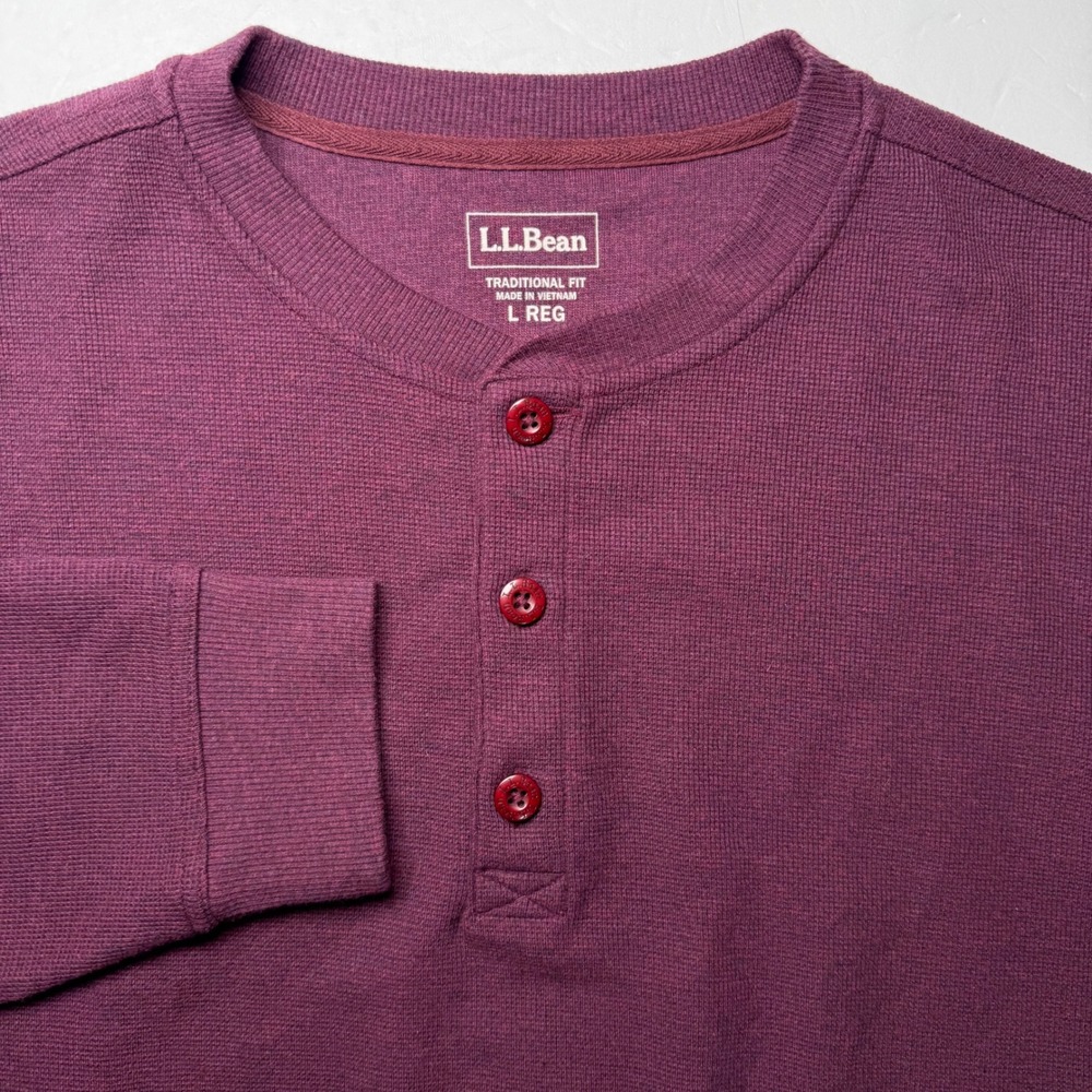 LL Bean Henley Mens L Burgundy Waffle Knit Long Sleeve Cotton Shirt 502224